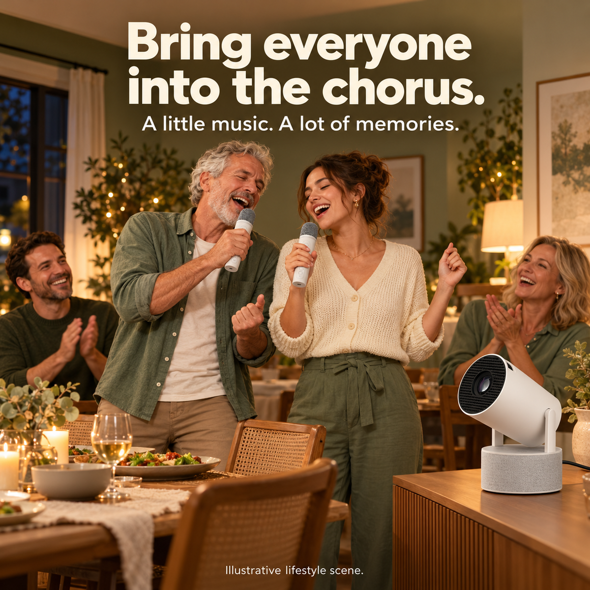 An intergenerational family joins a sing-along using two microphones.