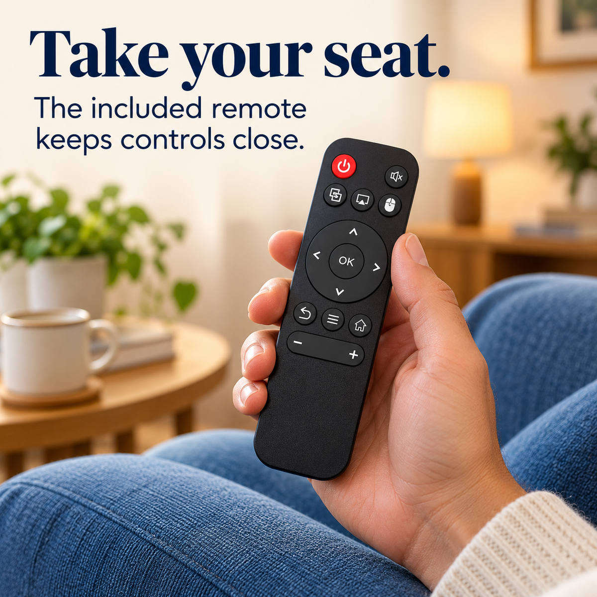 A seated adult holds the included black remote, with its source-faithful controls in view.