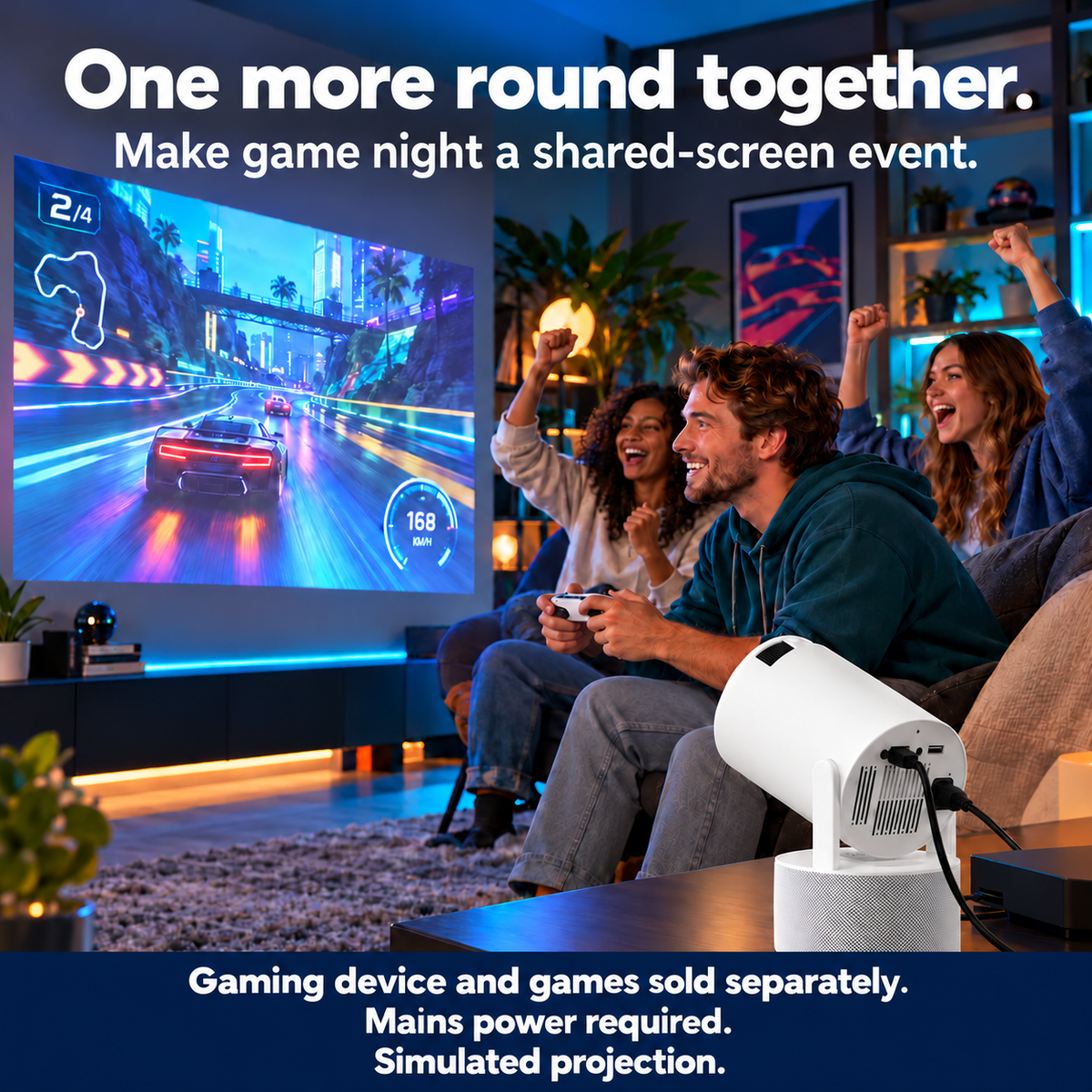 Three adults share an illustrative HDMI-connected racing game.