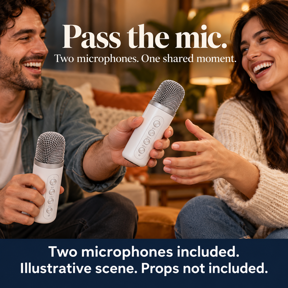 One adult hands the second included white microphone to another adult before a duet.