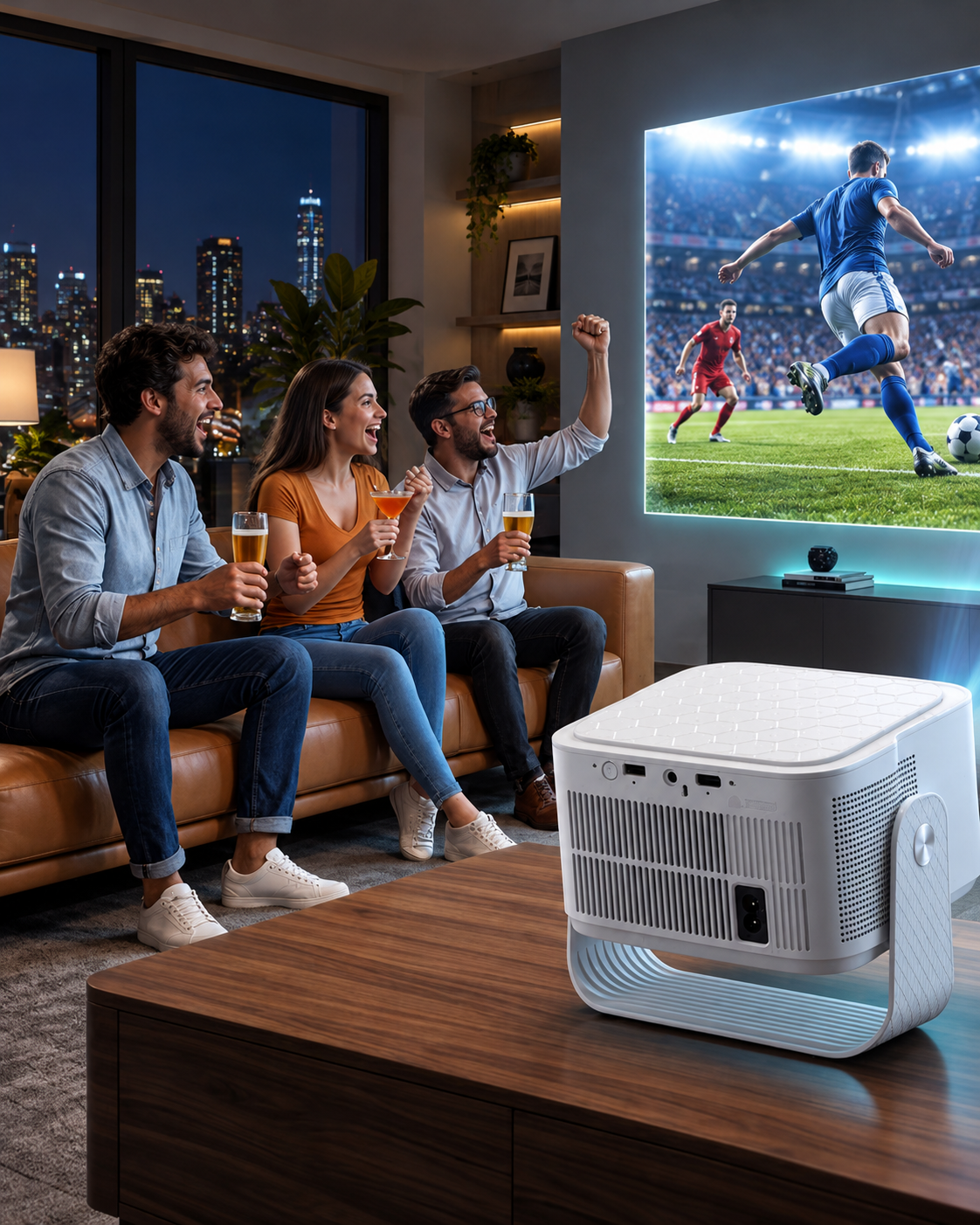 An illustrative sports night showing the Mark III Elite rear view facing a soccer projection.