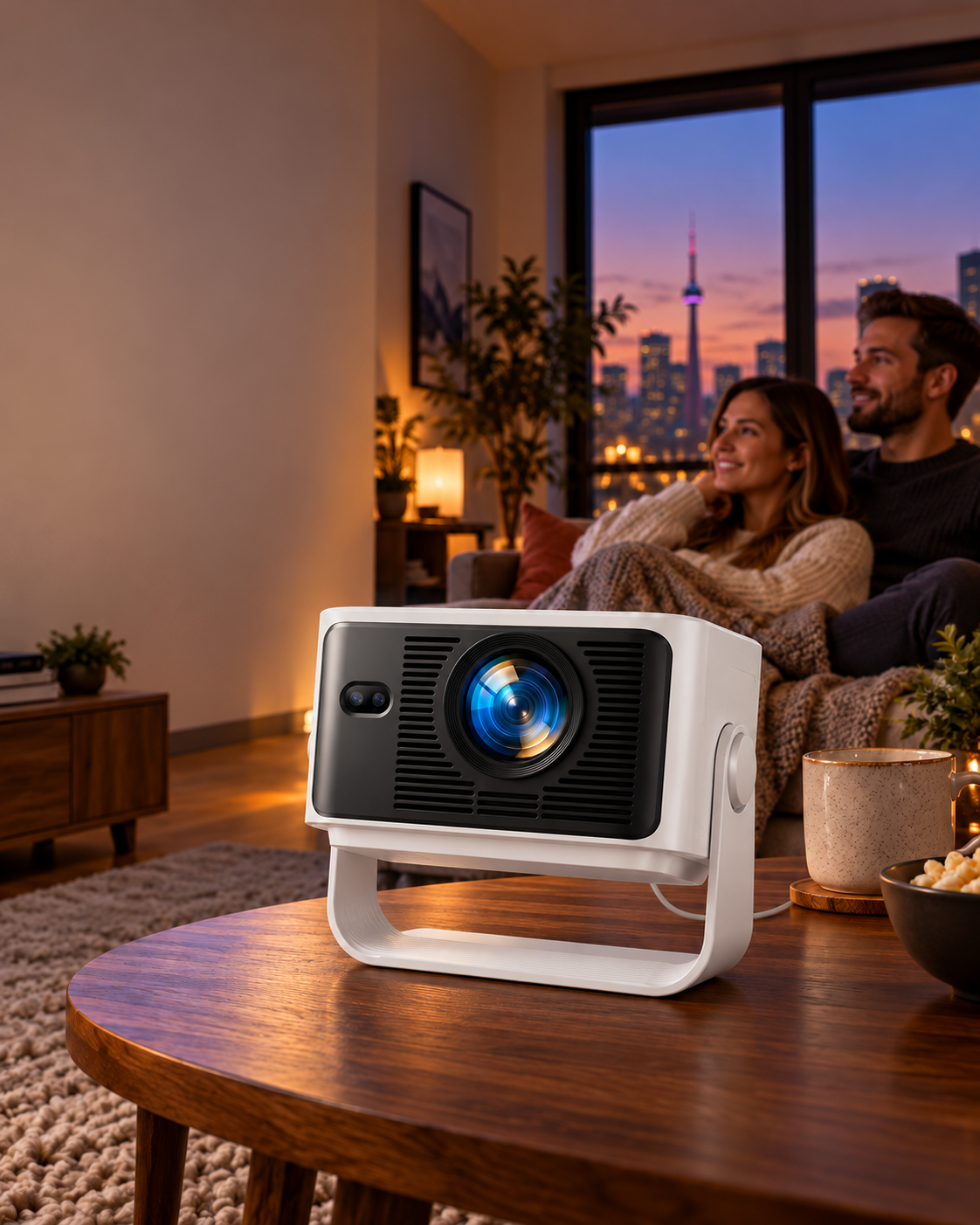 Mark III Elite with its black front, blue lens and white stand in an illustrative living room.