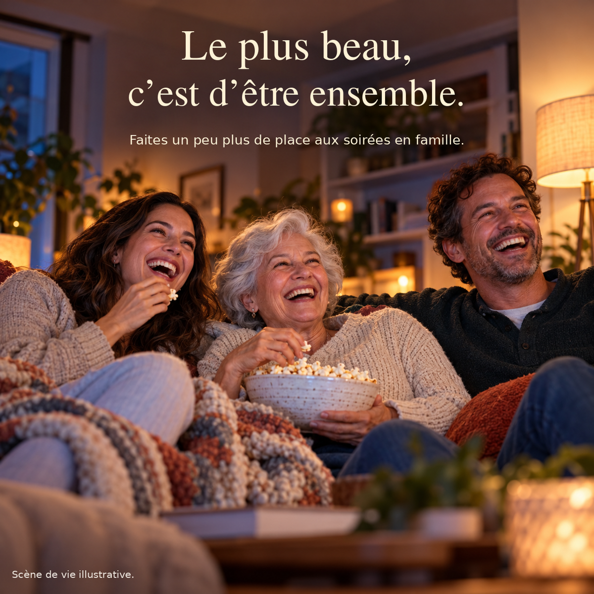 Trois membres adultes d’une famille passent une soirée à regarder ensemble.