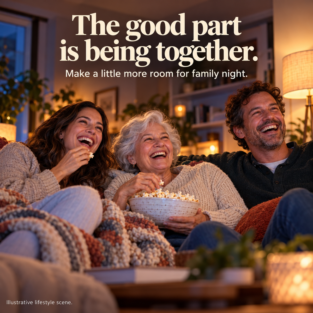 Three adult family members share an evening watching together.