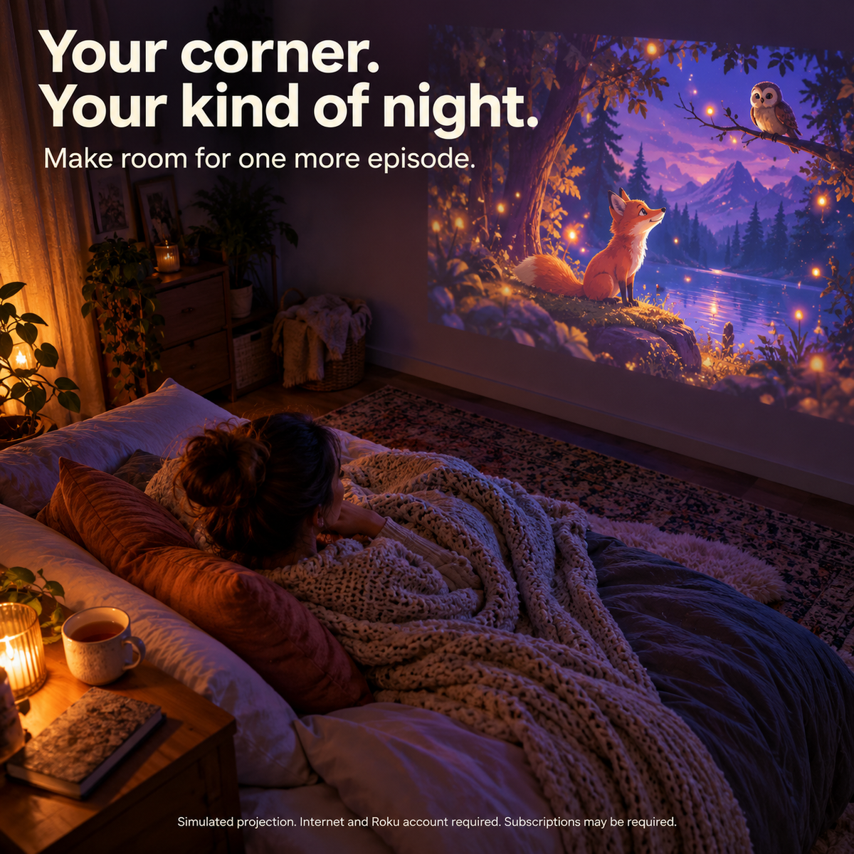An adult watches an illustrative woodland animation in a cosy bedroom.