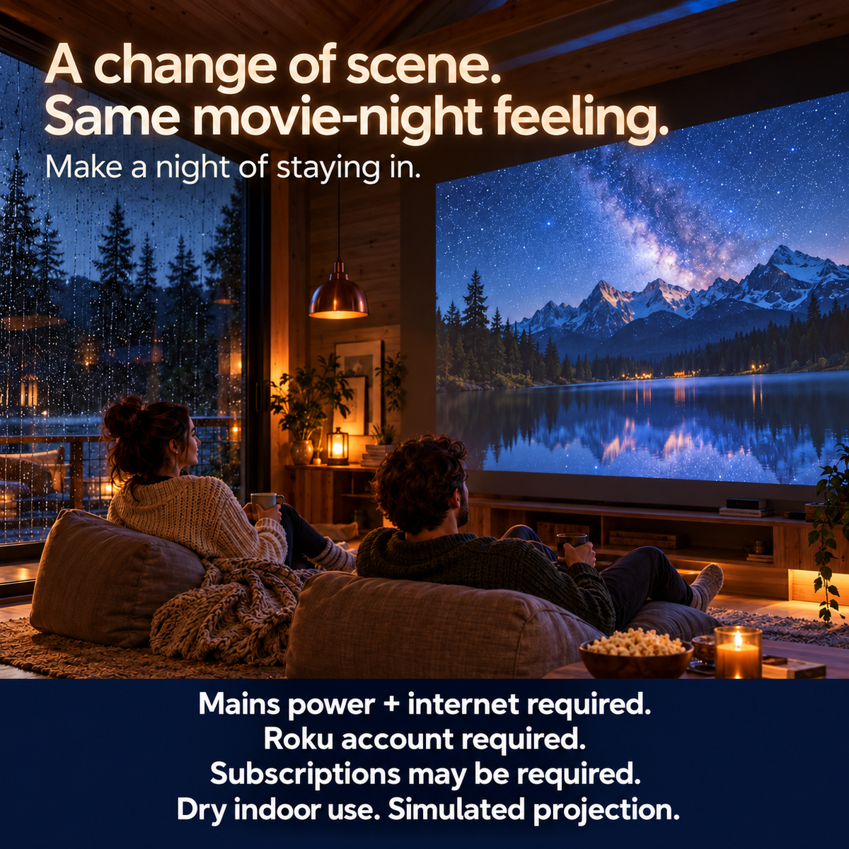 Two adults watch a simulated landscape projection inside a dry cabin.