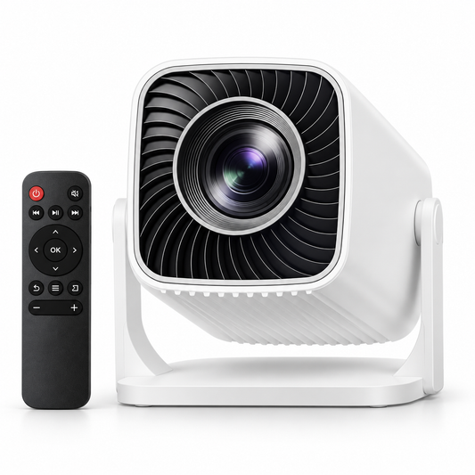 Bigly Brothers white native 1080p mini projector with black radial front grille, tilting stand and remote on white