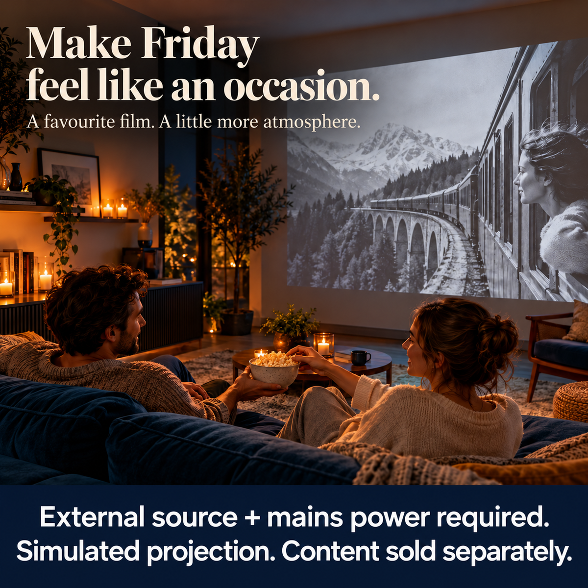 A couple shares popcorn during an illustrative film evening.