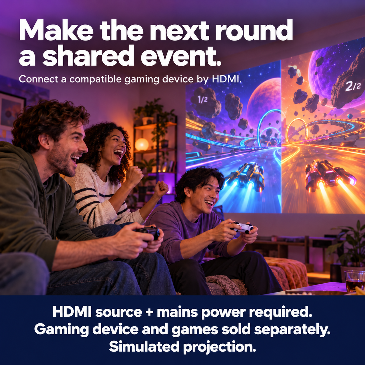 Three adult friends share a projected game using compatible controllers.