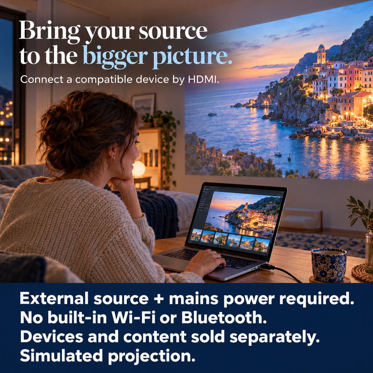 Laptop-driven viewing with a compatible external source.
