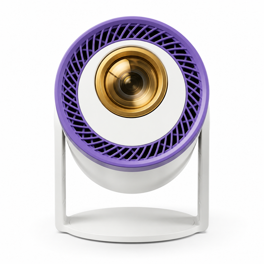 Brother Eye Mark I portable mini projector with purple rim and gold lens on white background