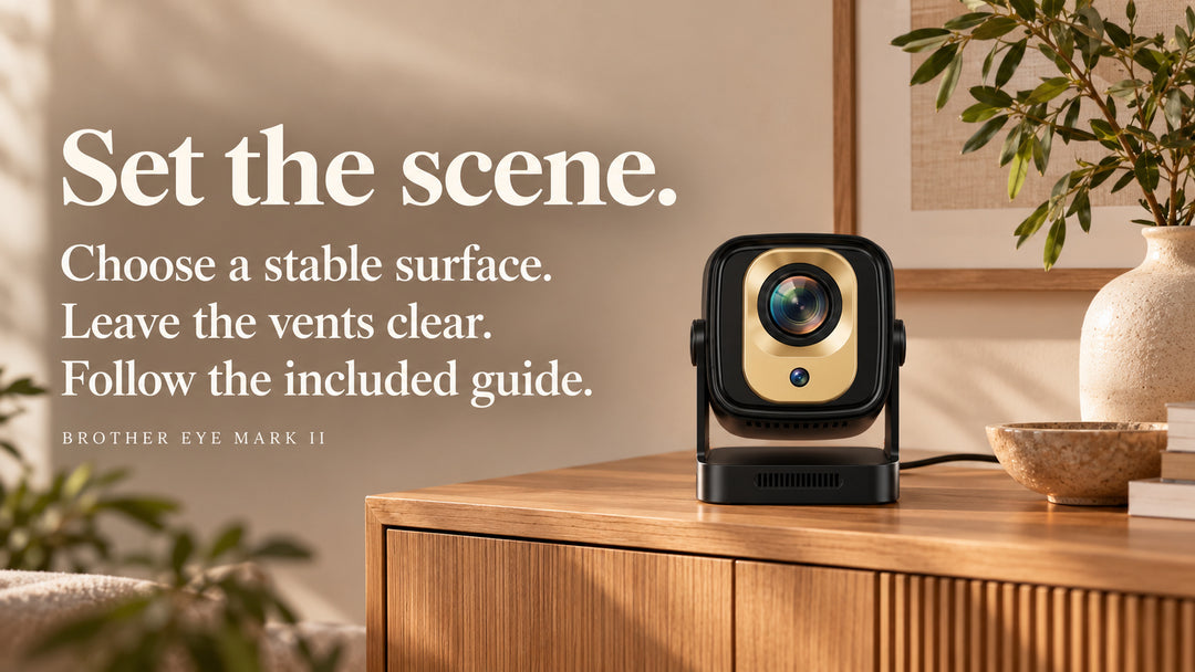 Brother Eye Mark II black and gold projector — Set the scene. Choose a stable surface. Leave the vents clear. Follow the included guide.