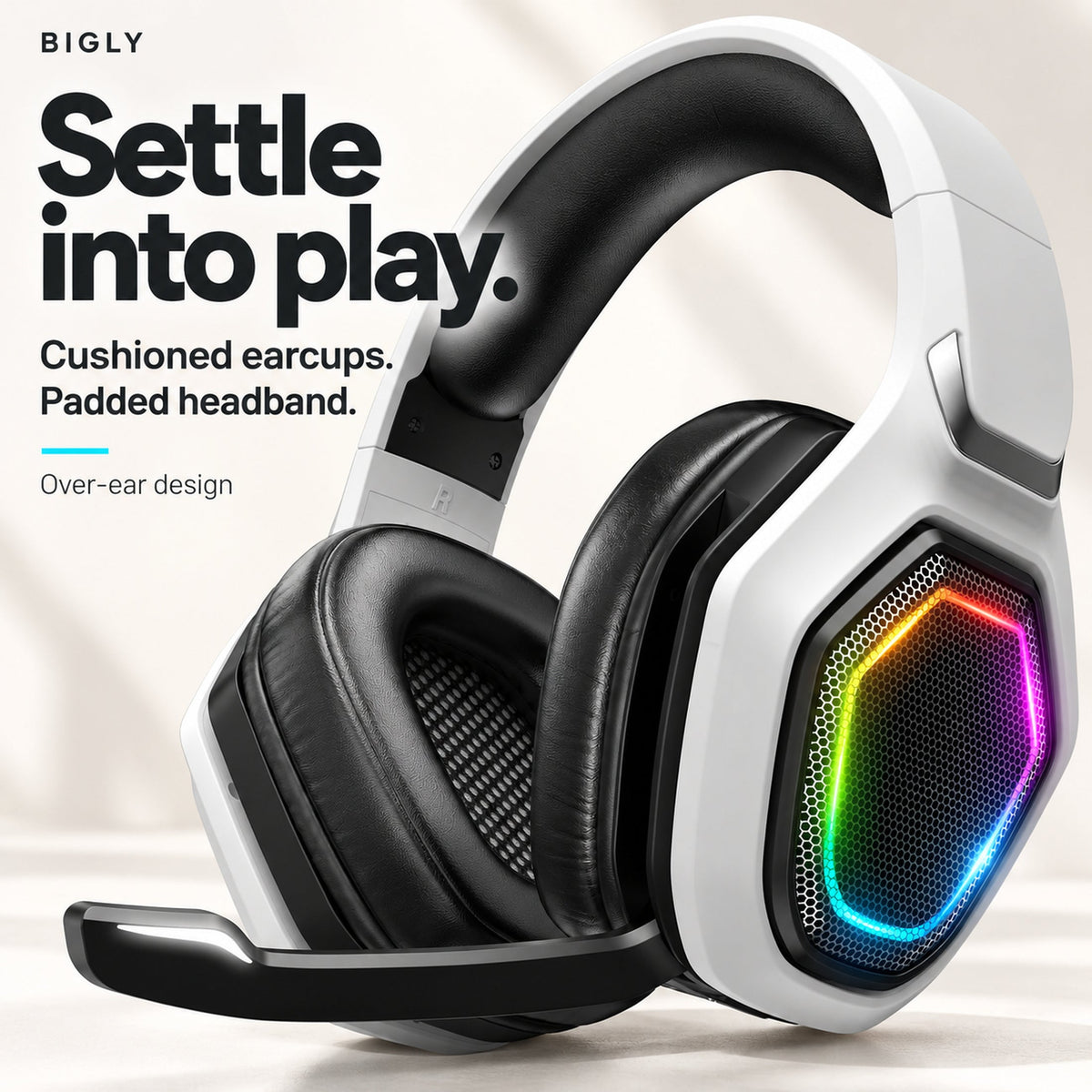 Bigly Brothers PS5 Gaming Bundle – Wireless Gaming Headset, 47-Key Bluetooth Chatpad Keyboard & RGB Stand – Circular Stand with 9 Light Modes – White/Black