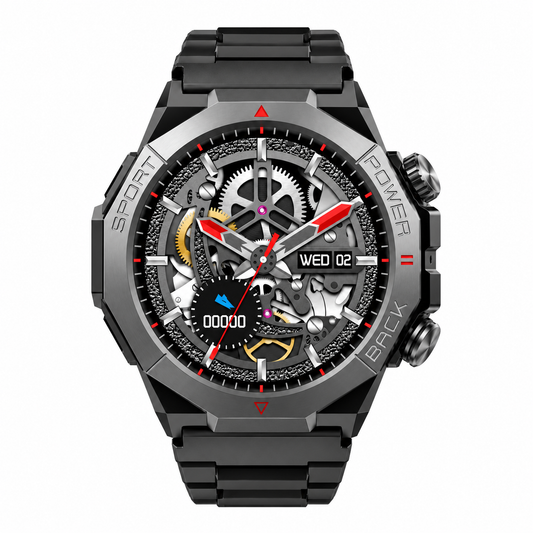 Divine Insight smartwatch, front view with black strap and round gunmetal case