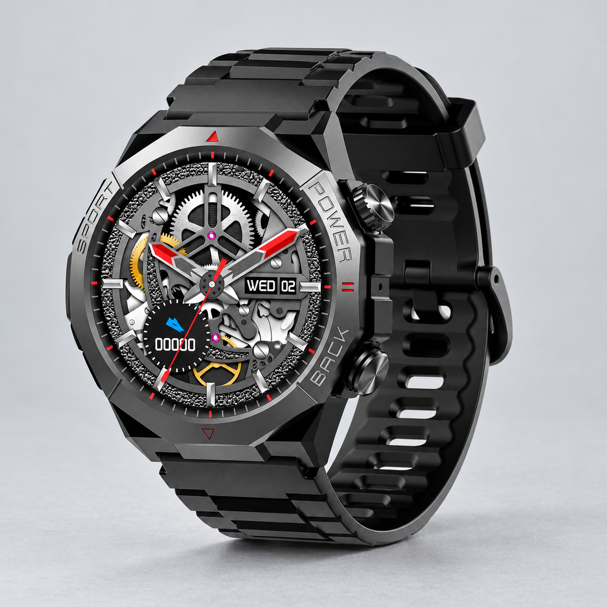 Divine Insight smartwatch case, dial and black strap detail