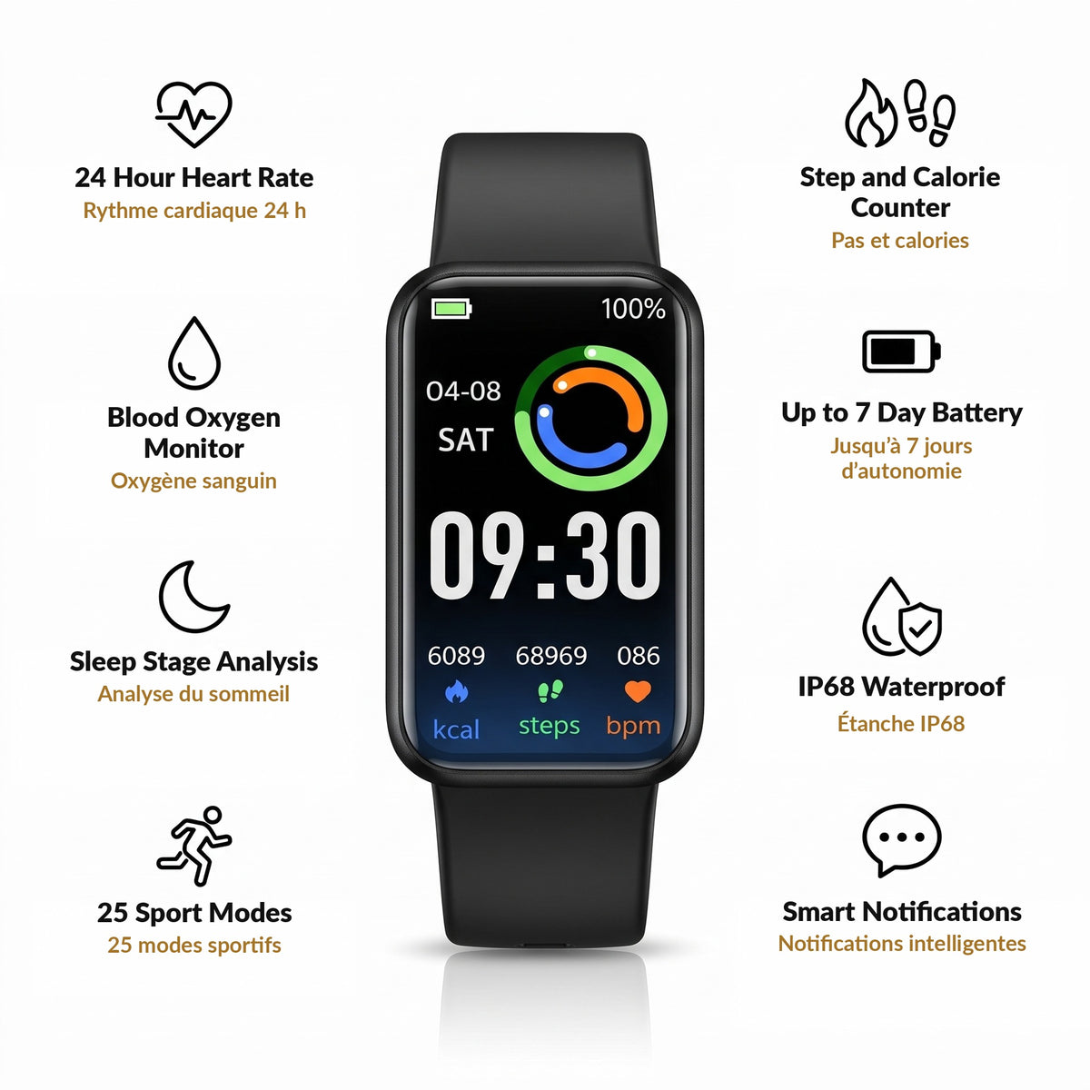 Fitness Tracker Watch with Heart Rate Blood Oxygen and Sleep Monitor 1.47 Inch Screen Step Counter 25 Sport Modes IP68 Waterproof Long Battery