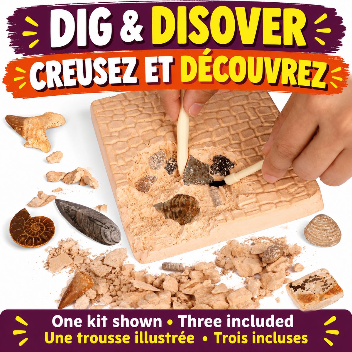 Bigly Brothers Fossil Dig Kit 3-Pack — Dinosaur Fossil Excavation Kits for Kids