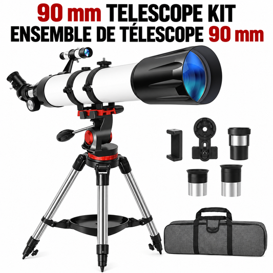 90mm Astronomy Refractor Telescope — 800mm Focal Length, 2 Eyepieces, 3x Barlow, Phone Adapter, Tripod and Carry Bag for Adults