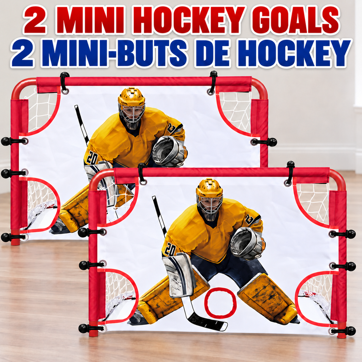 Mini Hockey Goal Set - 2 Mini Goals with Nets and Printed Goalie Target Sheets