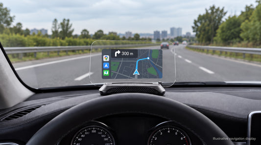 Holo Pilot One driver-view navigation concept. Illustrative navigation display.