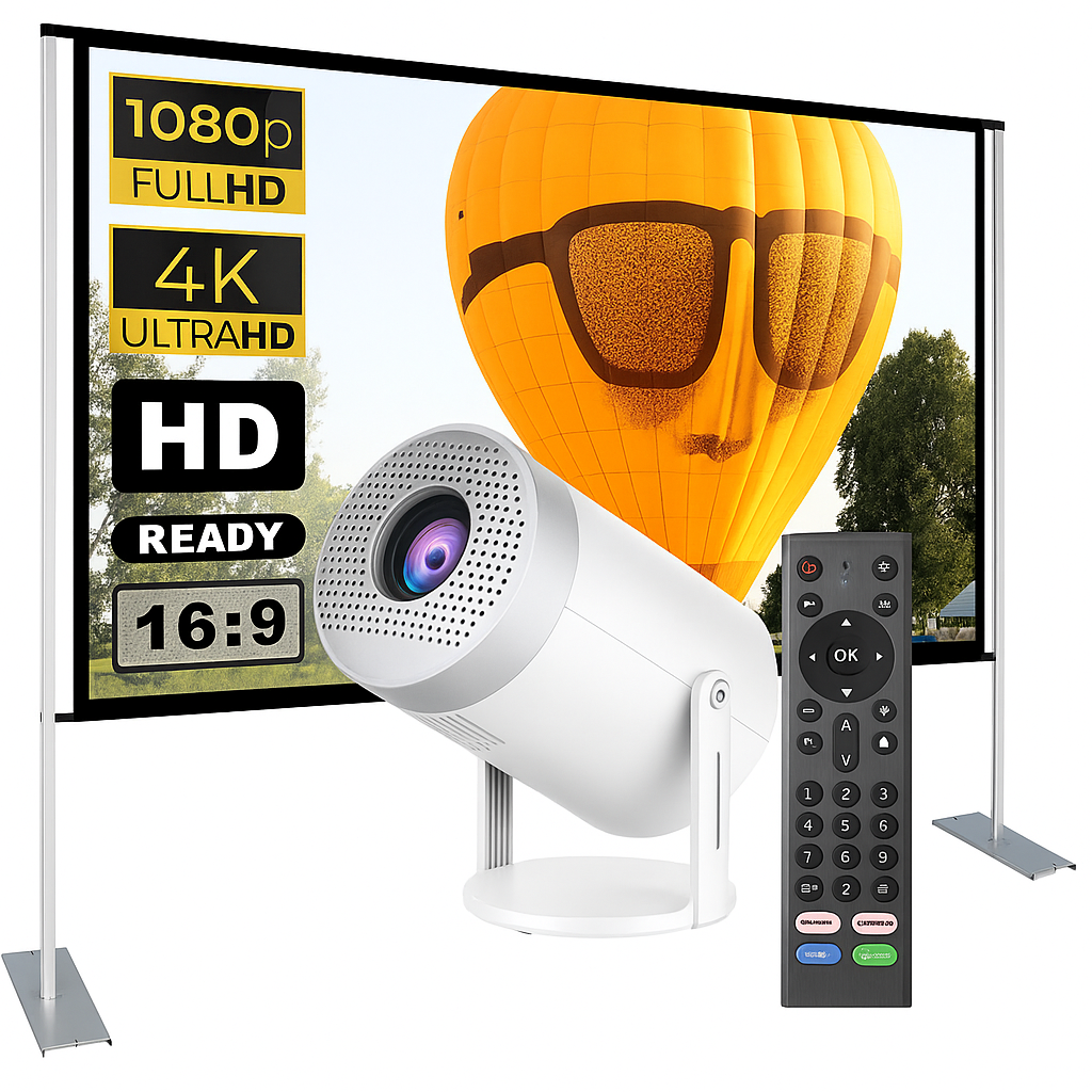 Projector Bundle - Projector Screen with Stand & Brother eye 4k Mini projector 300 lumens 2gb ram 16gb rom ultra fast , All in One Super Mini Projector