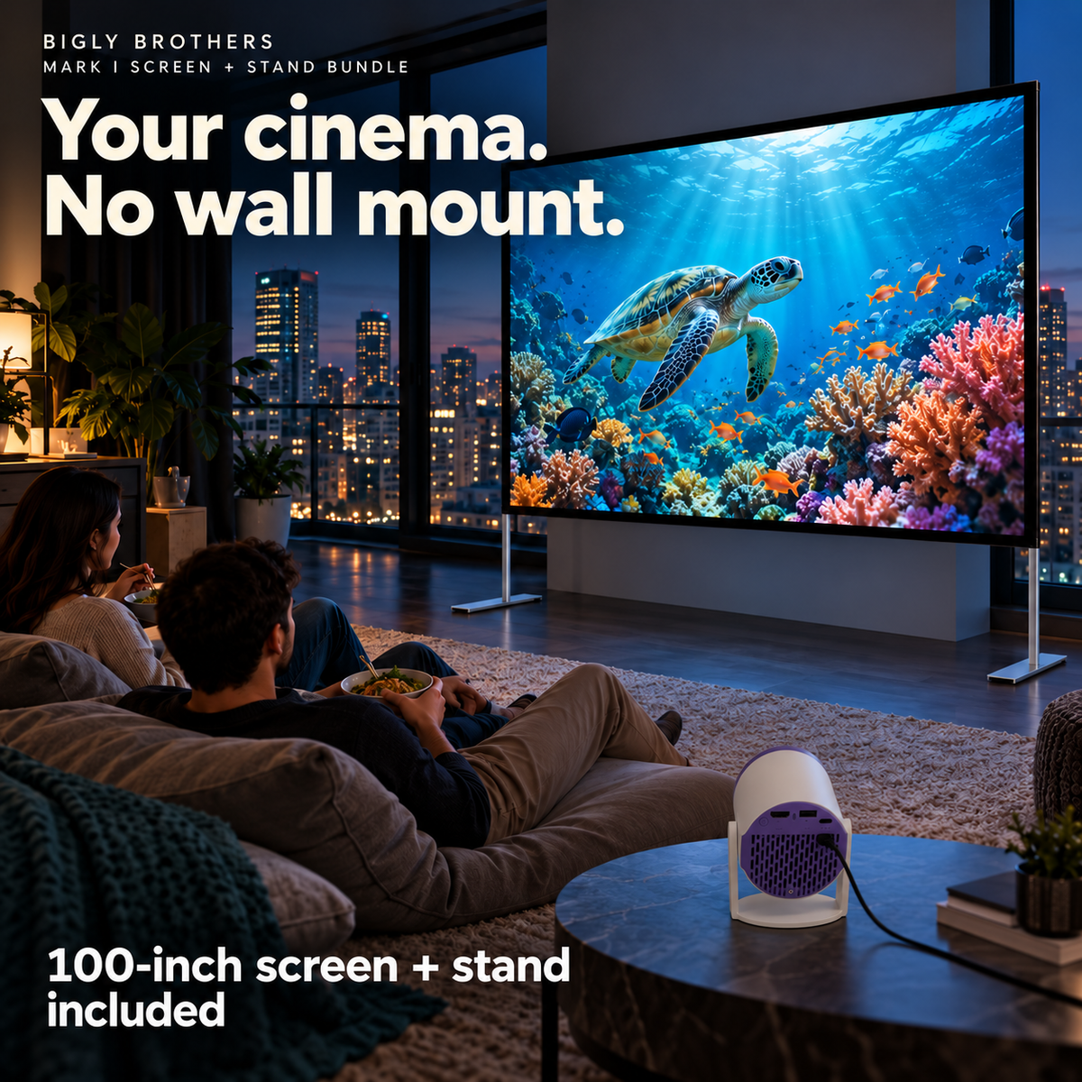 Brother Eye Mark I projector with 100-inch screen and stand: Freestanding Cinema lifestyle
