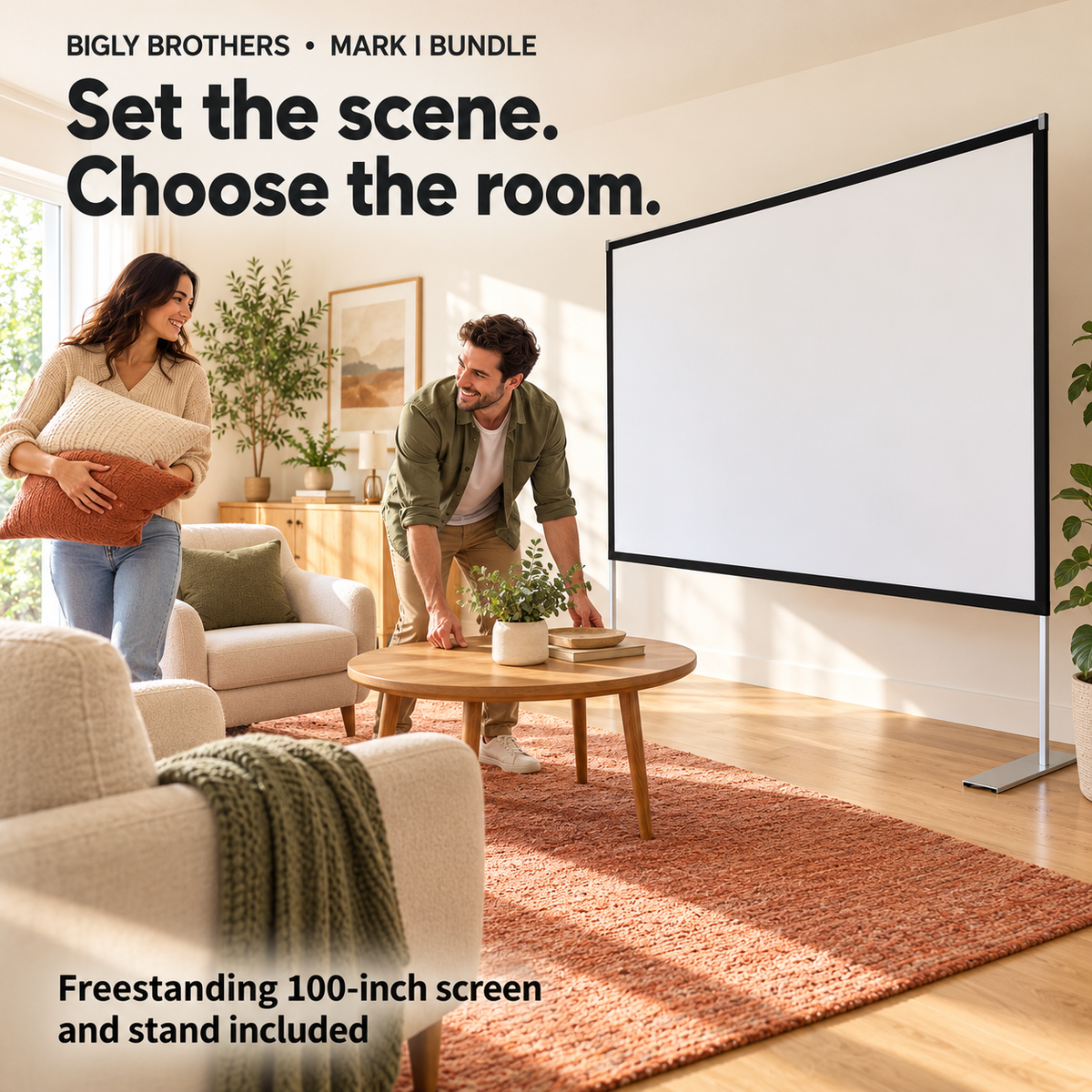Brother Eye Mark I projector with 100-inch screen and stand: Choose The Room lifestyle