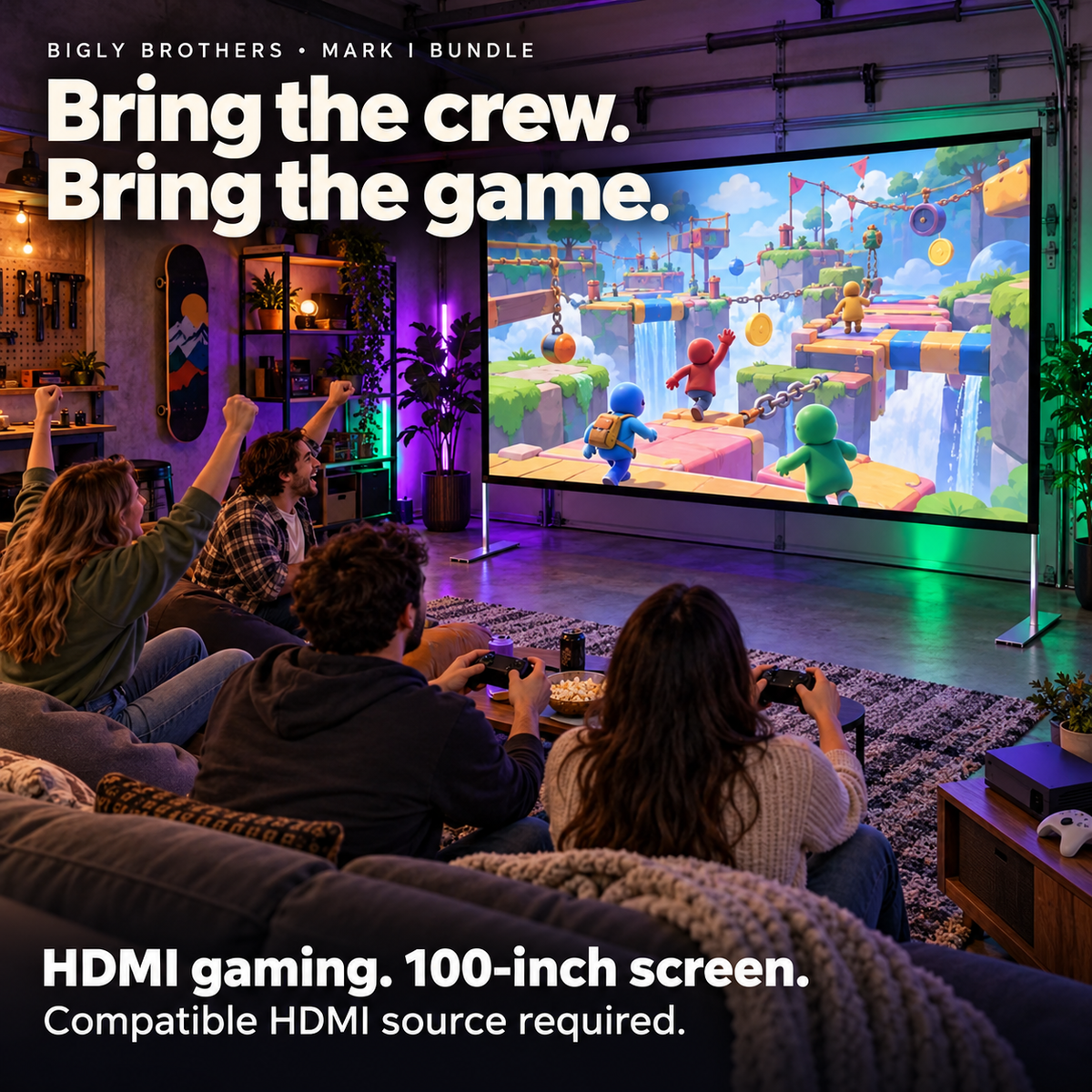 Brother Eye Mark I projector with 100-inch screen and stand: Group Gaming lifestyle