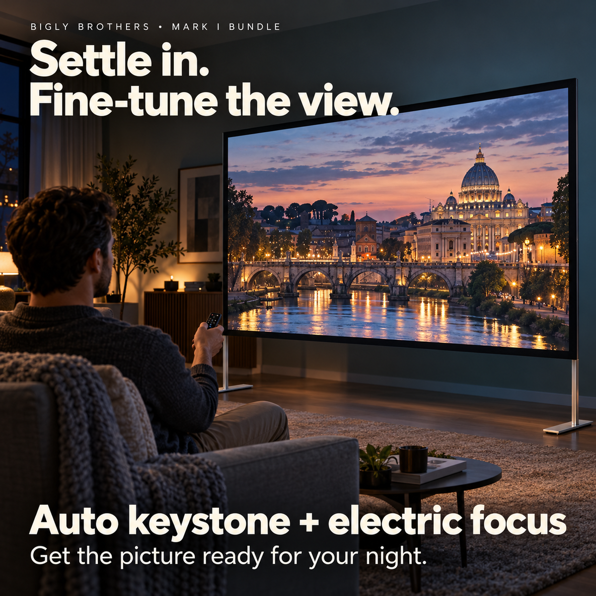 Brother Eye Mark I projector with 100-inch screen and stand: Electric Focus lifestyle