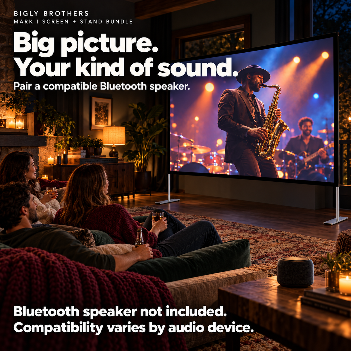 Brother Eye Mark I screen and stand bundle with a compatible external Bluetooth speaker lifestyle; audio accessories not included