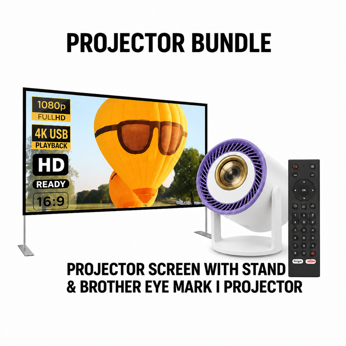 Brother Eye Mark I purple-grille projector in white pivot cradle with screen, two-upright flat-foot stand and remote; 1080p projection and 4K USB playback