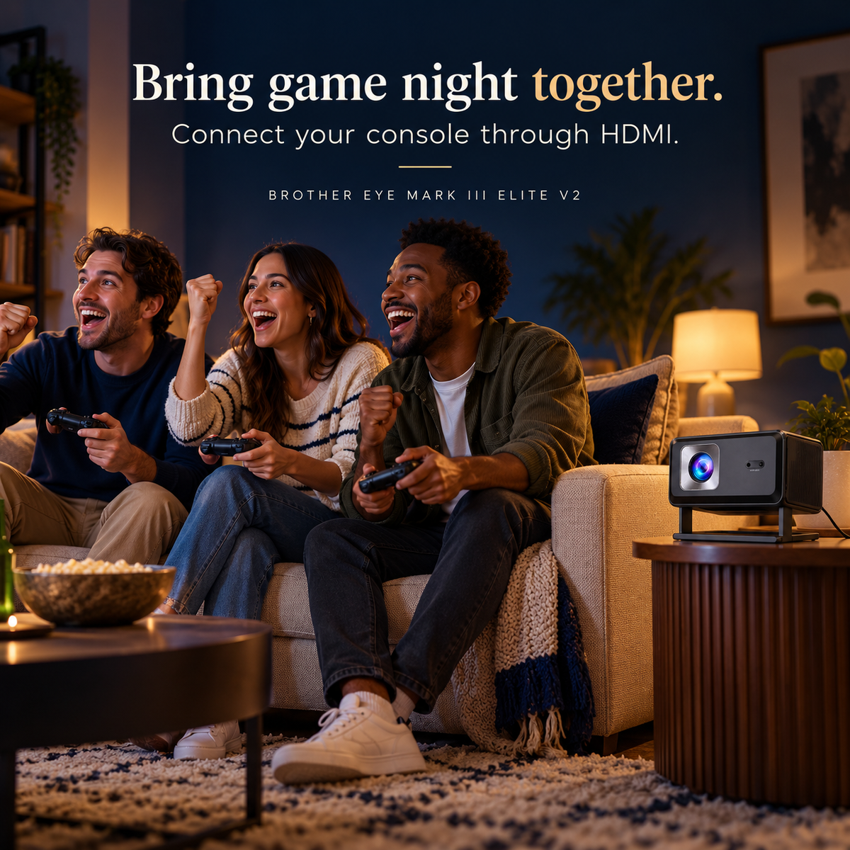 Friends enjoying console game night with the Brother Eye Mark III Elite V2 projector