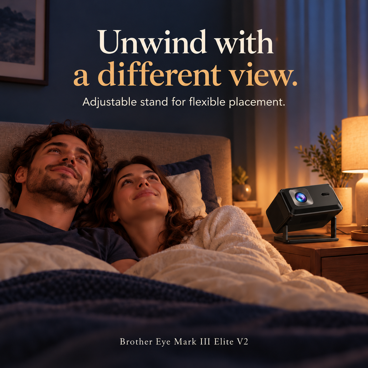 Brother Eye Mark III Elite V2 tilted upward on its adjustable stand beside a couple relaxing in bed