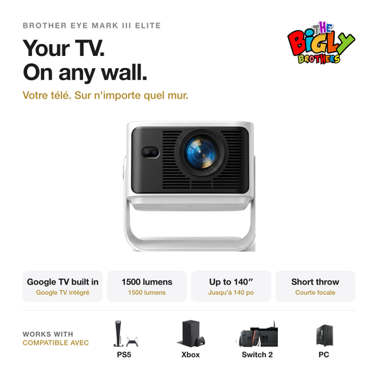 Bigly Brothers Mark III Elite Projector – Officially Licensed Google TV, 4K & 8K Playback, Auto Focus