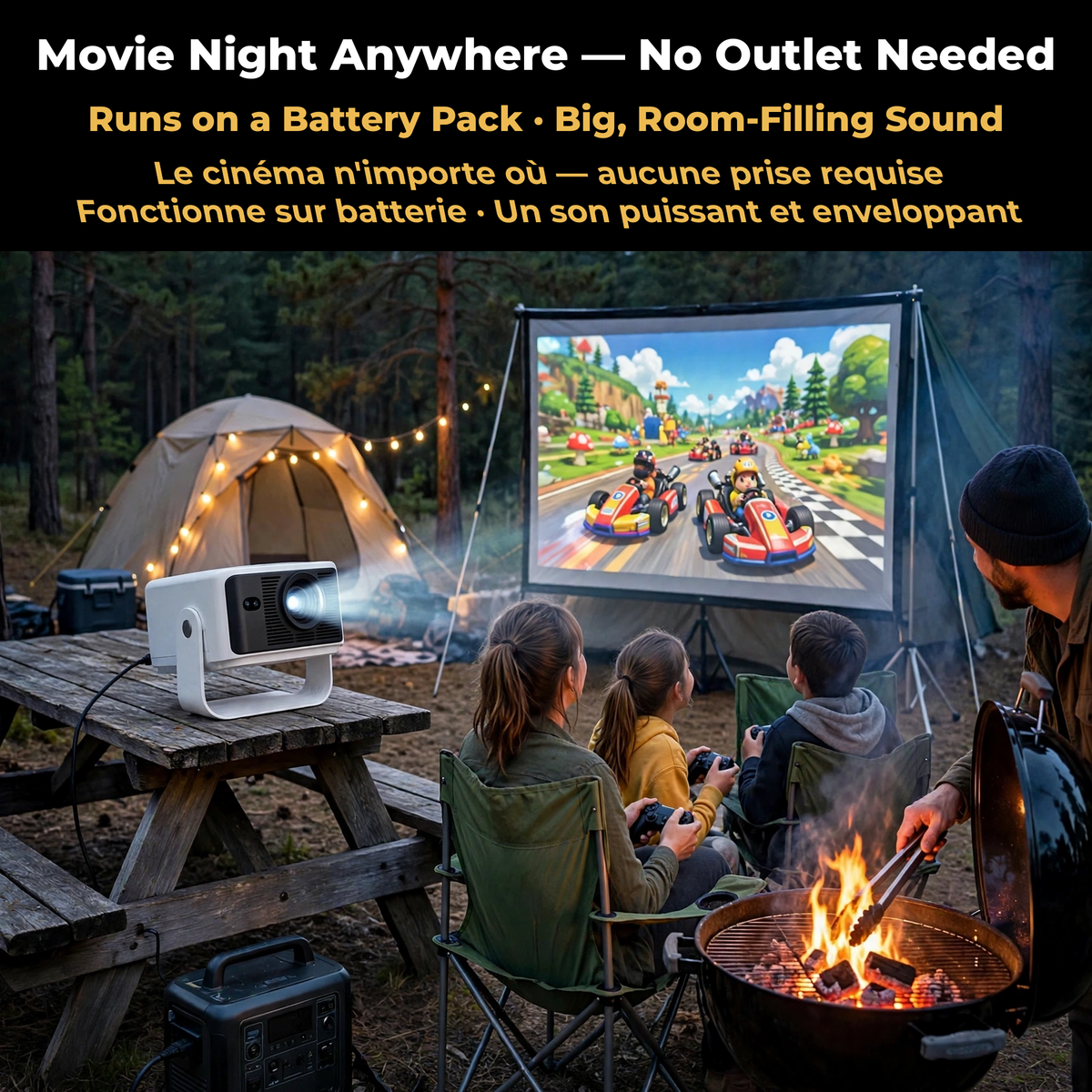 Mark III Elite camping — movie night anywhere, no outlet needed, runs on a battery pack