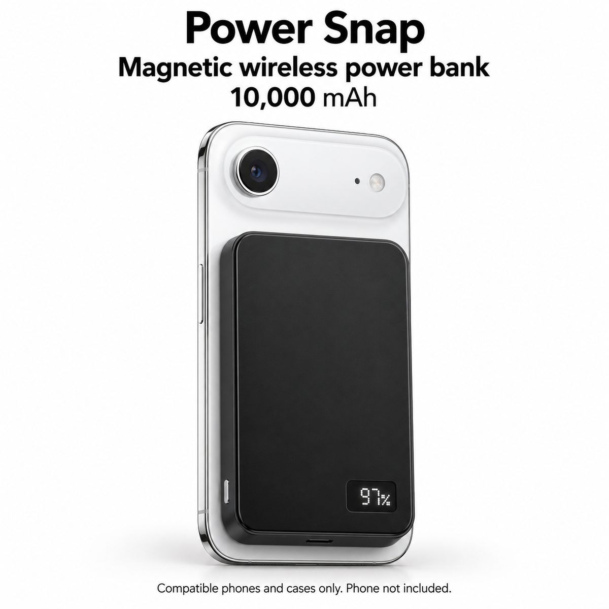 One black Power Snap 10K magnetic wireless power bank attached to a white iPhone Air, display showing 97%. Phone not included.