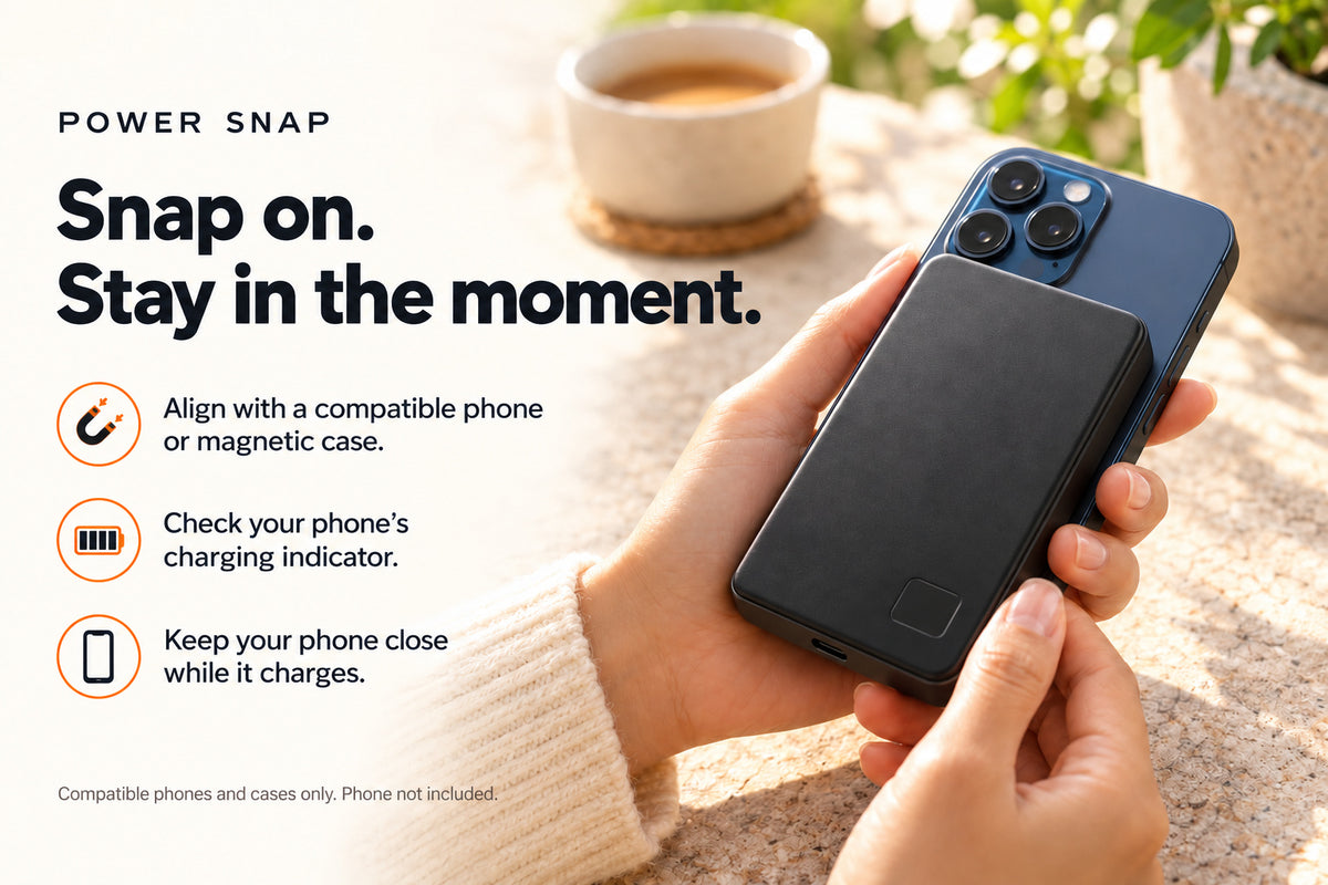 Power Snap attached behind a compatible phone; align and check the charging indicator. Phone not included.