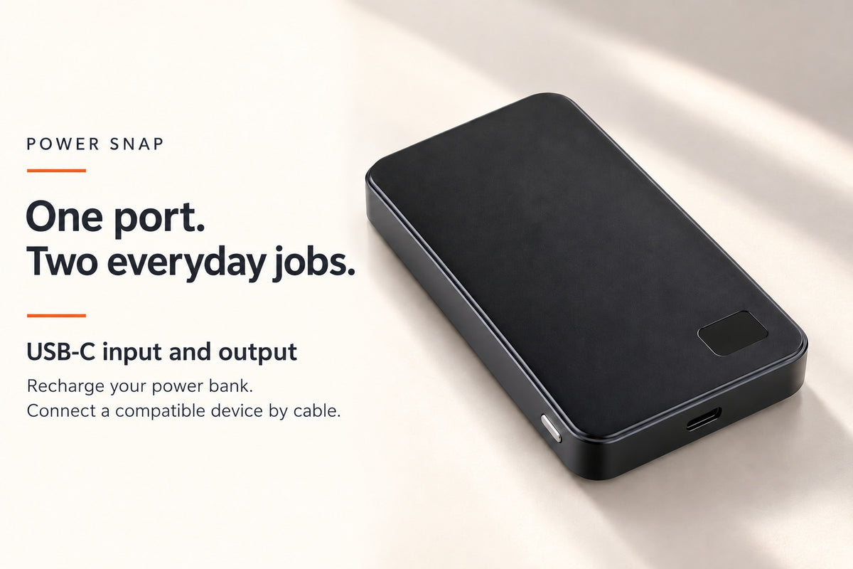 Power Snap USB-C input and output, with unlit display.
