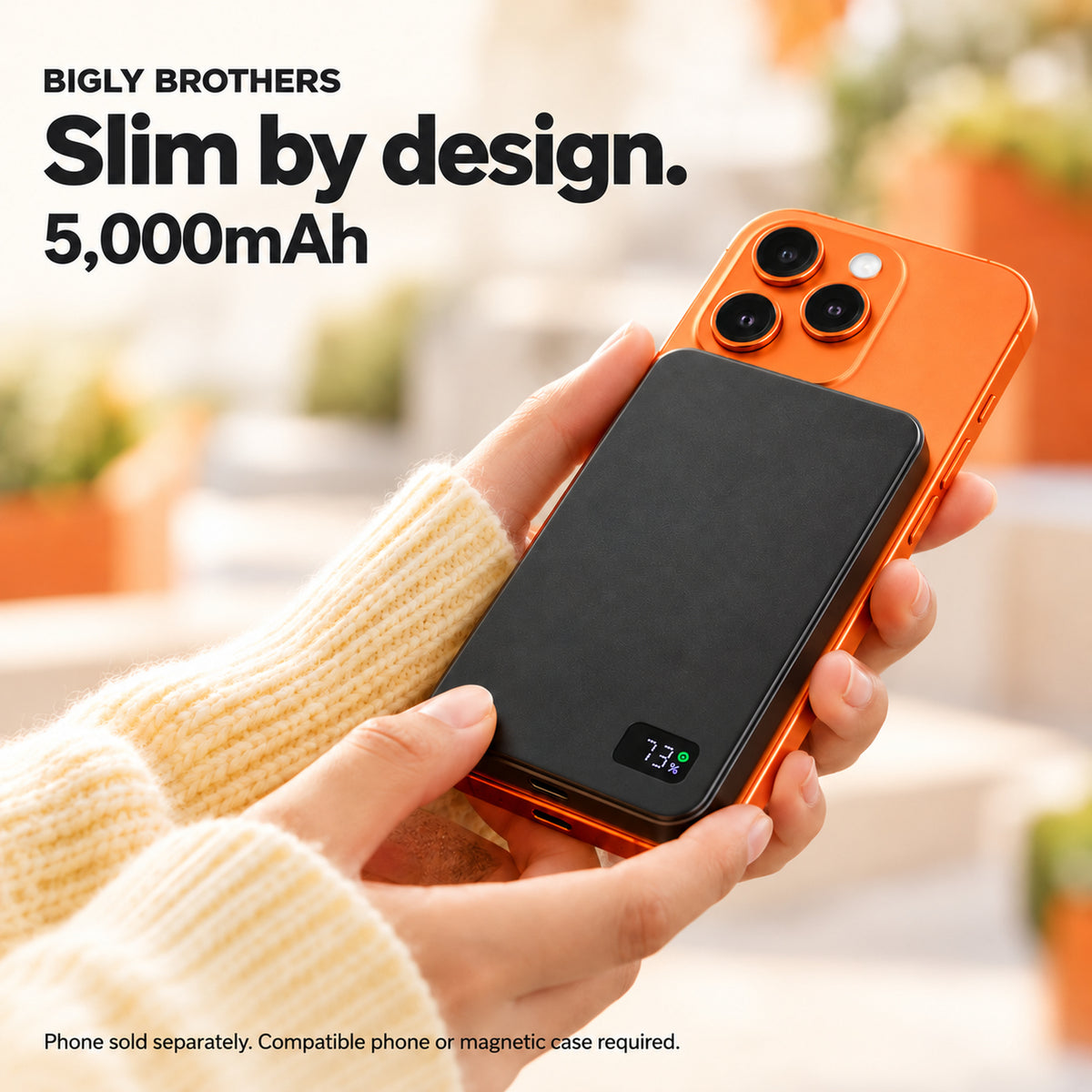 Power Snap5K slim magnetic power bank attached to a compatible phone. Phone not included.