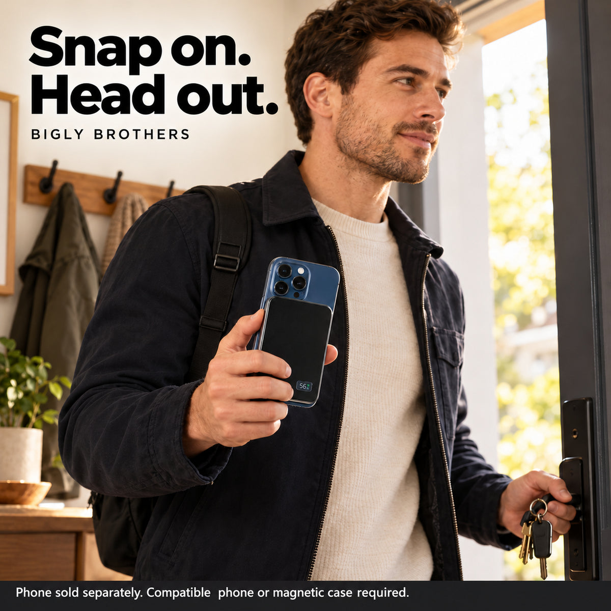 Power Snap5K used with a compatible phone while heading out. Phone and lifestyle props not included.