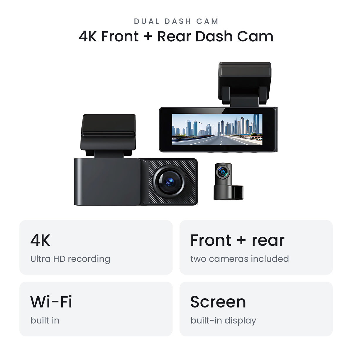Road Guardian 2 4K front and rear dash cam with built-in Wi-Fi and screen