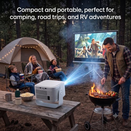 Mark III Elite projector at a campsite movie night