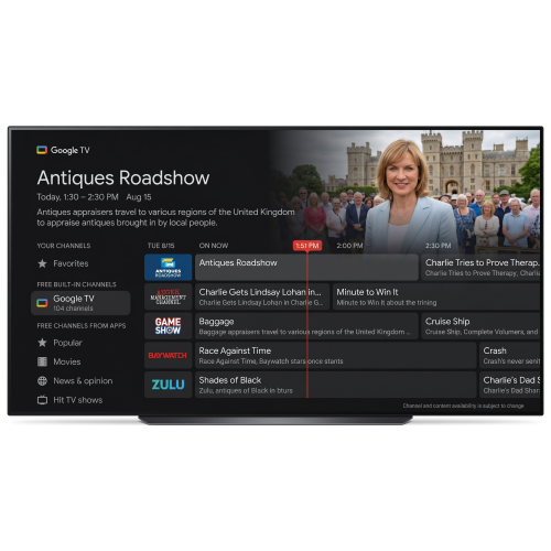 Google TV channel guide showing Antiques Roadshow on the Mark III Elite