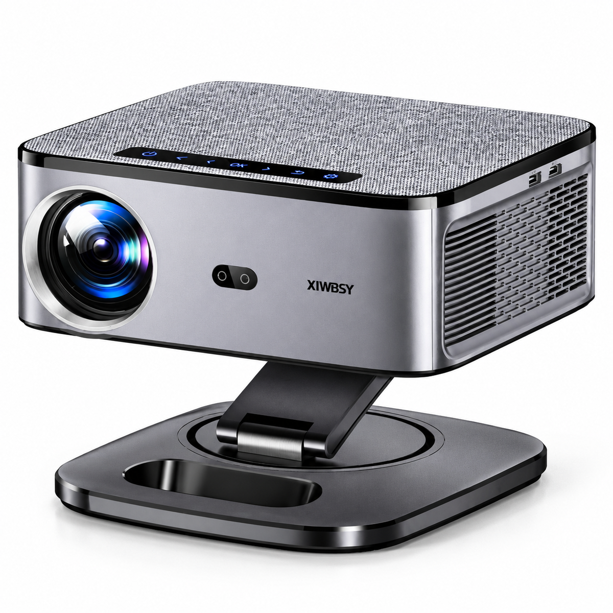 V4 silver projector with woven-fabric top and dark folding pedestal, shown from a three-quarter angle