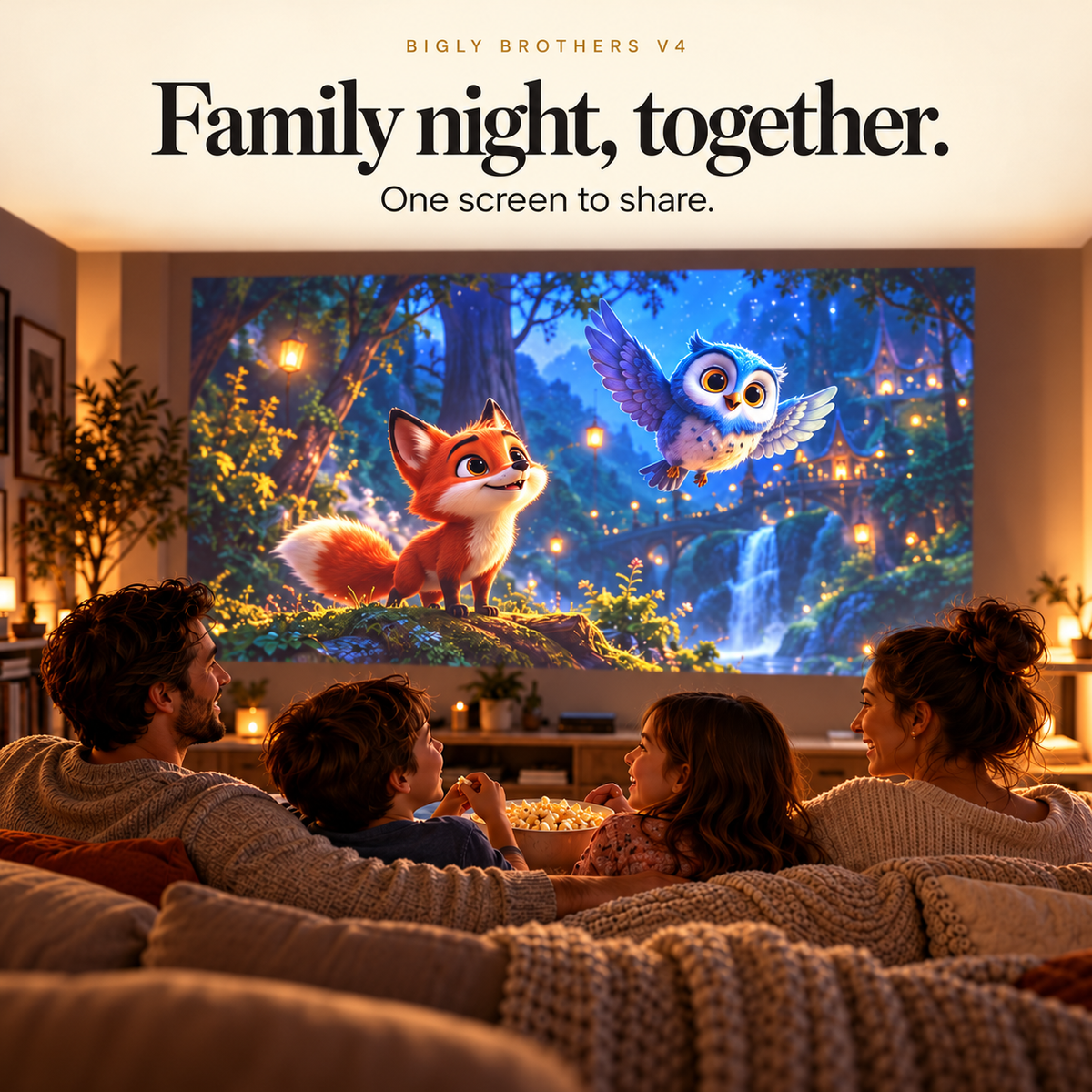 Family enjoying an original animated adventure on a shared projected screen