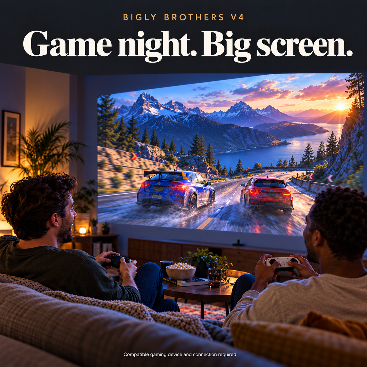 Friends playing a generic racing game on a large projected screen; compatible equipment required