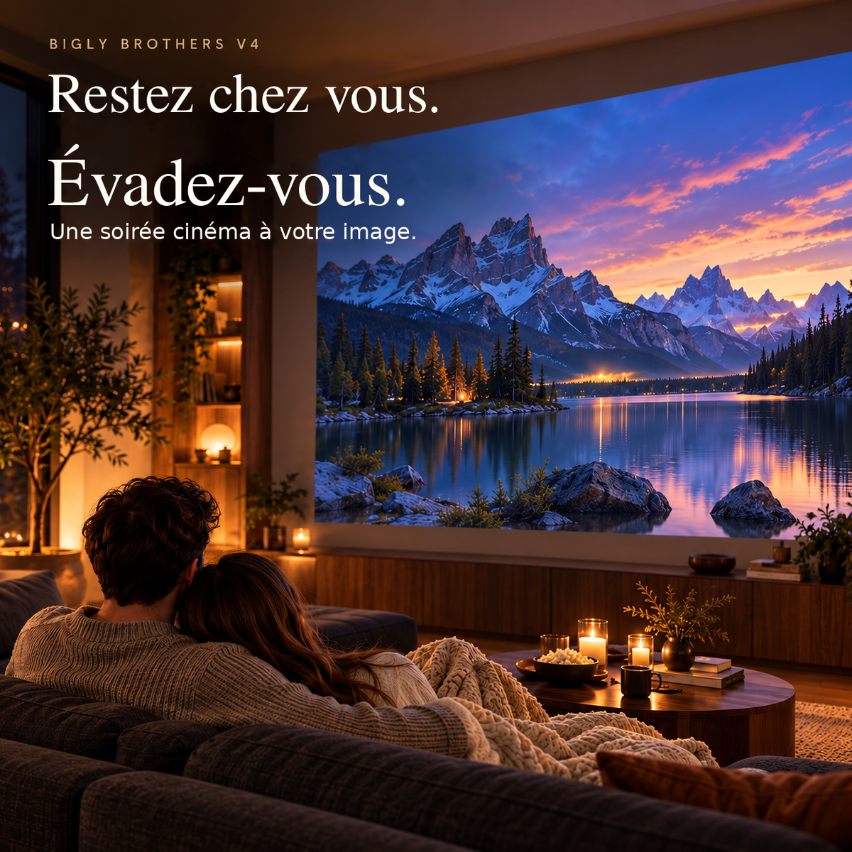 Un couple profite d’une soirée cinéma dans un salon faiblement éclairé.