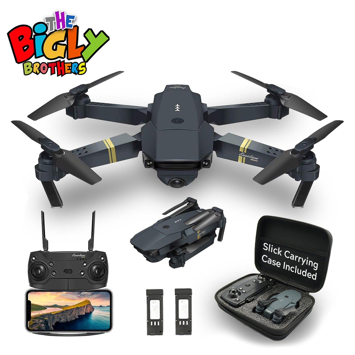REFURBISHED: The Bigly Brothers E58 Pro Edition Drone with Camera, 1080p Black Drone and Black Carrying Case with 2 batteries included. Ready to Fly, No Assembly required.